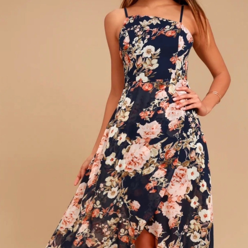 Lulu’s Navy Floral Dress with Slit - Only Worn Once